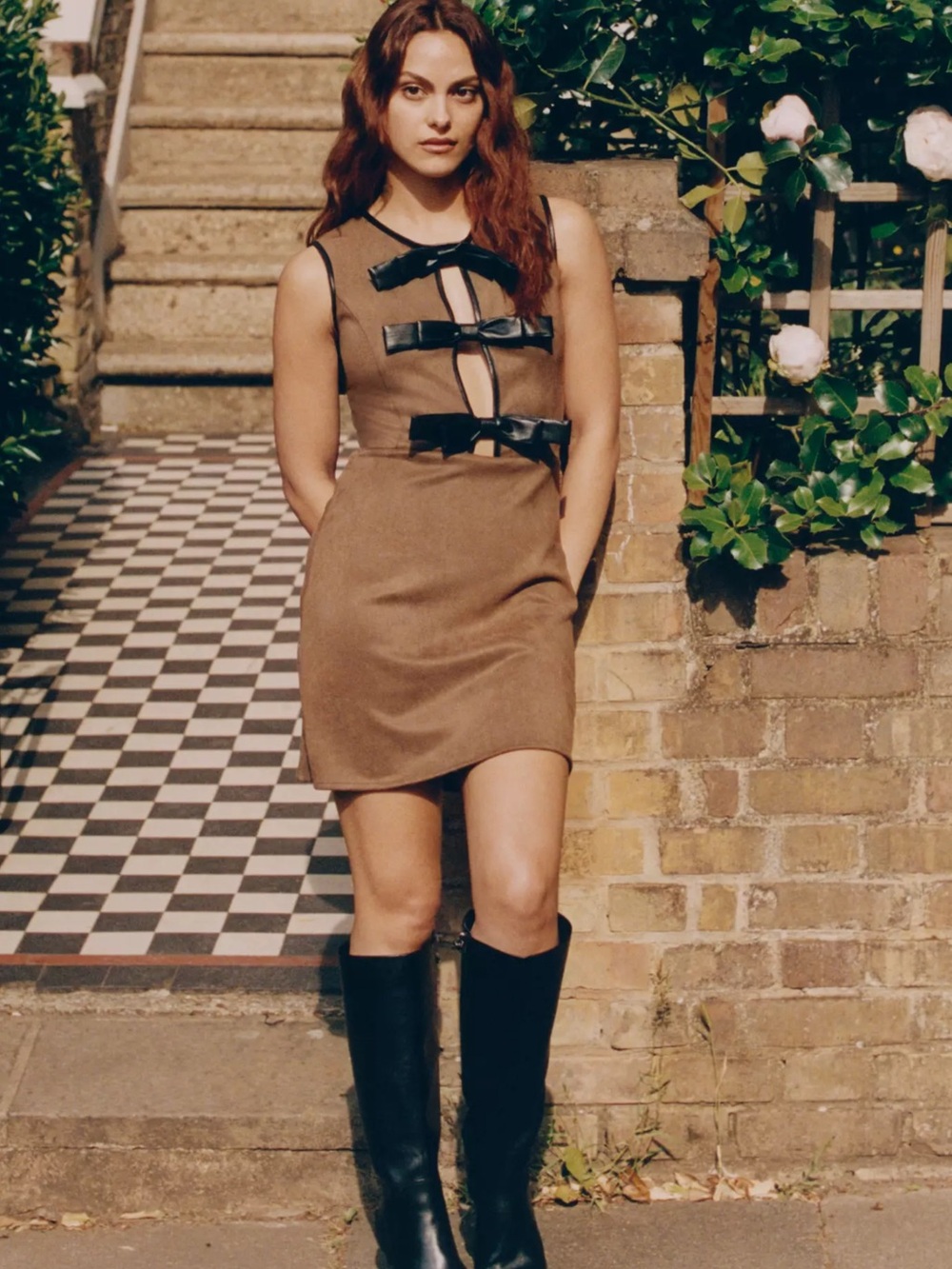 Flat White Faux-Suede Sleeveless Bow-Trim Mini Dress